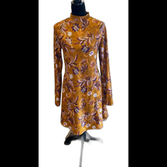 Mudd Dress Size Large Warm Gold & Purple Print Long Sleeve Stretchy Work Casual - Picture 1 of 12